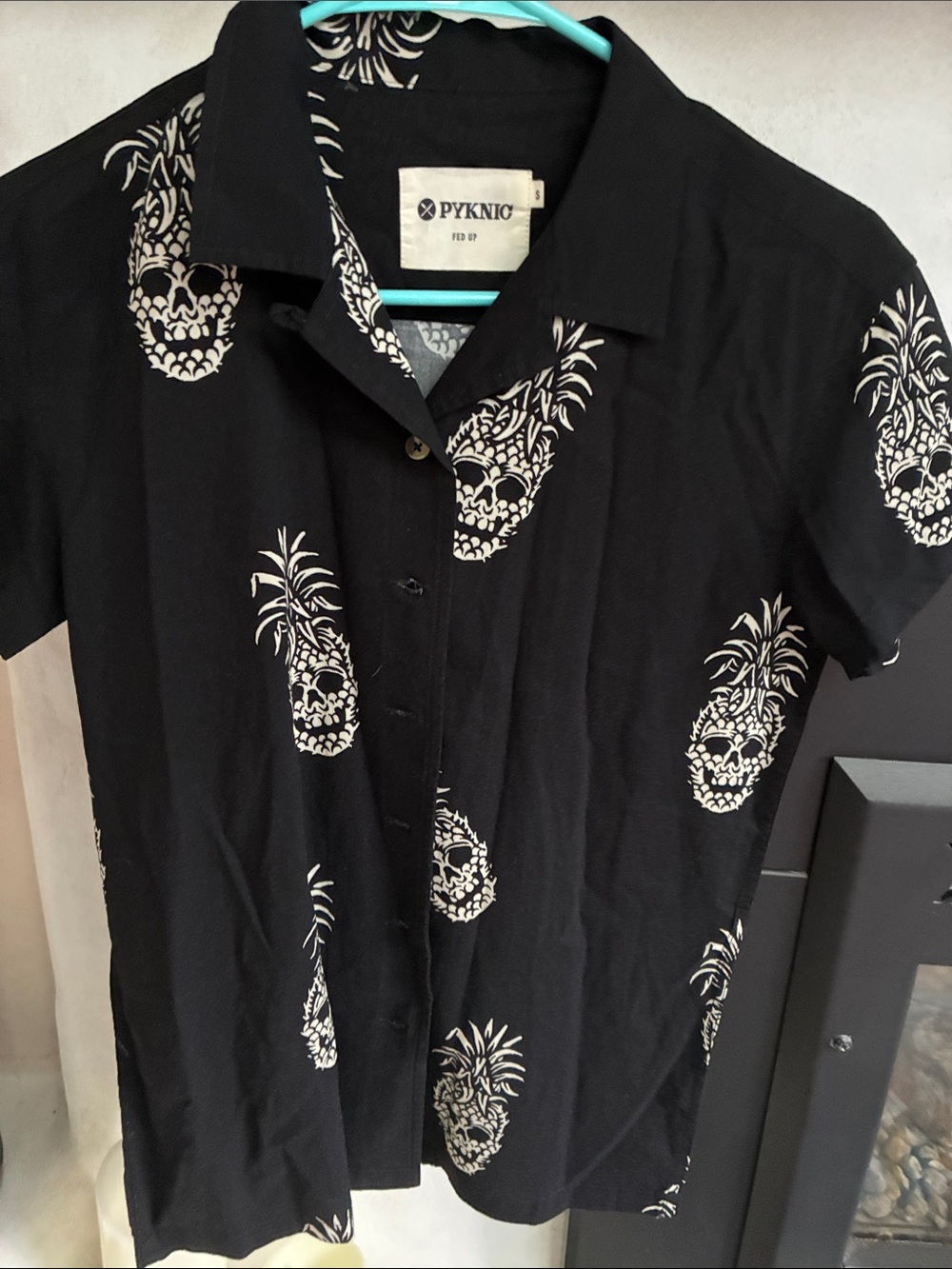 Pyknic Black Button-Down Shirt with White Pineapple Skull Print